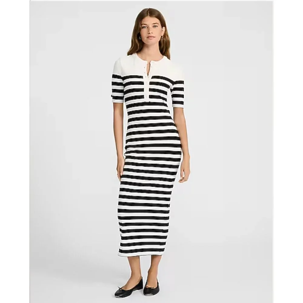 Ribbed Striped Crew Neck Henley Elbow Sleeve Midi Dress - Picture 1 of 3
